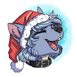  black_nose blue_body blue_fur blue_hair canid canine canis christmas christmas_clothing christmas_headwear closed_eyes clothing collar female fur hair hat headgear headshot_portrait headwear holidays maku_(maku450) mammal open_mouth portrait rika_(artist) santa_hat simple_background smile solo white_background wolf 