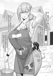  absurdres animal_print apron bell belt blush breasts bucket chinese_commentary chinese_text cleavage collarbone commentary_request cow_print cowbell dawalixi ear_tag female greyscale highres holding holding_bucket large_breasts long_hair looking_at_viewer monochrome nervous_sweating open_mouth original outdoors short_sleeves side_ponytail smile solo sweat translation_request 