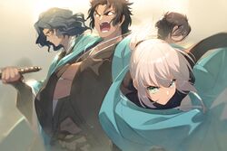  3boys black_hair black_scarf blonde_hair bright_pupils brown_hair brown_kimono closed_mouth commentary_request echo_(circa) fate/grand_order fate_(series) female floating_hair green_eyes grey_hair hair_between_eyes hakama hakama_skirt hijikata_toshizou_(fate) holding holding_sword holding_weapon japanese_clothes katana kimono koha-ace looking_at_viewer looking_away multiple_boys okita_souji_(fate) okita_souji_(koha-ace) open_mouth ponytail saitou_hajime_(fate) saitou_hajime_(third_ascension)_(fate) scarf shinsengumi short_hair skirt smile sword teeth wavy_hair weapon white_pupils yamanami_keisuke_(fate) 