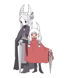  1other black_cape black_eyes black_footwear braid cape colored_skin female hair_bun himiko_(hydrangeamaiden) hollow_knight hollow_knight_(character) hornet_(hollow_knight) horns humanization long_hair long_sleeves nail_(hollow_knight) needle_(hollow_knight) no_pupils red_cape single_hair_bun standing twin_braids weapon white_background white_hair white_skin 