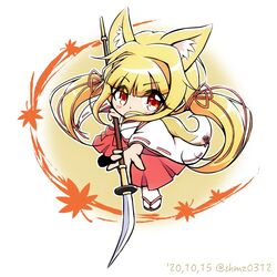  animal_ears blonde_hair chibi dated female fighting_stance fox_ears holding holding_polearm holding_weapon japanese_clothes looking_at_viewer miko naginata orange_eyes original polearm shokkaa_(shmz61312) solo twintails weapon 