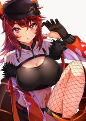  :o black_bustier black_gloves black_headwear breasts bustier cleavage crop_top cropped_jacket dola_(6th_costume)_(nijisanji) dola_(nijisanji) dragon_girl dragon_horns dragon_tail female fishnet_thighhighs fishnets gloves hair_between_eyes highres horns large_breasts long_hair long_sleeves looking_at_viewer midriff navel nijisanji partially_fingerless_gloves red_eyes red_hair see-through simple_background solo stomach tail thighhighs virtual_youtuber white_background zacky zipper zipper_pull_tab 