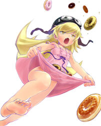  akutagawa_manbou bakemonogatari barefoot blonde_hair commentary_request doughnut dress feet female food goggles goggles_on_head helmet legs long_hair monogatari_(series) no_panties oerba_yun_fang oshino_shinobu soles solo strap_slip toes yellow_eyes 