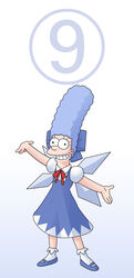  black_eyes blue_hair bow circled_9 cirno cirno_(cosplay) commentary_request cosplay crossover dress female hairbow highres jigoku_inu marge_simpson matt_groening_(style) parody photoshop_(medium) smile solo standing the_simpsons toon_(style) touhou wings 