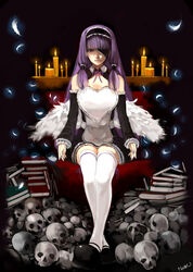  bad_id bad_pixiv_id bare_shoulders book breasts candle cleavage detached_sleeves dream_c_club dream_c_club_(series) eyepatch feathers female large_breasts legs long_hair maid maid_headdress mari_(dream_c_club) miniskirt nobusnow purple_eyes purple_hair ribbon shoes sitting skirt skull solo thighhighs wings 