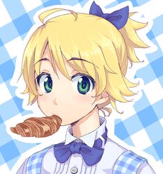  ahoge alternate_hairstyle blonde_hair blush commentary_request croissant dithering female food gingham gingham_background green_eyes hair_up hakkaku_shikimi hoshii_miki idolmaster idolmaster_(classic) looking_at_viewer mouth_hold oekaki short_hair solo 