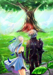  1boy armor bare_shoulders black_armor couple day dress feather_hair_ornament feathers female gloves gwendolyn_(odin_sphere) hair_ornament holding_hands long_hair nadir odin_sphere oswald_(odin_sphere) photoshop_(medium) short_hair sky straight strapless strapless_dress tree white_hair yggdrasil 