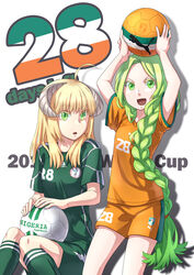  2010_fifa_world_cup 2girls ahoge bad_id bad_pixiv_id ball bliss_(ferment_factory) blonde_hair braid cote_d&#039;ivoire green_eyes green_hair highres horns long_hair multiple_girls nigeria puma_(brand) shorts soccer soccer_ball world_cup 