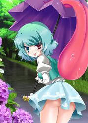  :p ass bad_id bad_pixiv_id blue_eyes blue_hair blush breasts female flower heterochromia highres hydrangea karakasa_obake looking_at_viewer medium_breasts momose_rin purple_umbrella red_eyes saliva short_hair solo tatara_kogasa tongue tongue_out touhou umbrella 