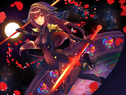  armor bodysuit breasts commentary_request covered_navel dual_wielding fate/grand_order fate_(series) female gae_bolg_(fate) hair_between_eyes highres holding holding_weapon jewelry kusamoto_sora large_breasts long_hair looking_at_viewer pauldrons petals polearm purple_bodysuit purple_hair red_eyes rose_petals scathach_(fate) shoulder_armor smile solo spear stained_glass veil weapon 