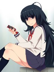  bad_id bad_pixiv_id black_eyes black_hair cellphone commentary_request crossed_legs female hayashi_custom highres light_smile long_hair long_sleeves neckerchief noroino_hanako oerba_yun_fang phone pleated_skirt school_uniform serafuku shirt sitting skirt solo traditional_youkai very_long_hair youkai_(youkai_watch) youkai_watch 