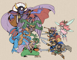  3girls 6+boys armor azito7 blue_gloves closed_mouth commentary_request dragon dragon_lord dragon_quest dragon_quest_i dragon_quest_ii dragon_quest_iii dress everyone fairy gloves goggles hargon helmet hero_(dq1) hero_(dq3) holding holding_sword holding_weapon hood long_hair medium_hair monster multiple_boys multiple_girls open_mouth prince_of_lorasia prince_of_samantoria princess_laura princess_of_moonbrook purple_hair roto_(dq3) shield short_hair sidoh staff sword weapon zoma 