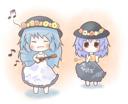  2girls alternate_costume bad_id bad_pixiv_id blue_hair blush chibi closed_eyes contemporary flower flower_necklace hat hinanawi_tenshi instrument jug_(bottle) lei multiple_girls musical_note nagae_iku red_eyes south114 star_(symbol) touhou ukulele 