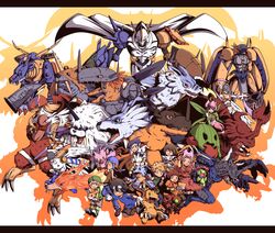  5boys 5girls agumon angemon angewomon atlurkabuterimon battle birdramon blonde_hair blue_eyes blue_hair brown_hair commentary_request digimon digimon_(creature) digimon_adventure everyone gabumon garudamon glasses gloves goggles gomamon hat helmet highres holyangemon ikkakumon ishida_yamato izumi_koshiro kabuterimon kido_jo letterboxed lilimon metalgarurumon metalgreymon monster multiple_boys multiple_girls omegamon palmon patamon piyomon satsuki_mei_(sakuramochi) short_hair shorts smile tachikawa_mimi tailmon takaishi_takeru takenouchi_sora tentomon togemon wargreymon weregarurumon yagami_hikari yagami_taichi zudomon 