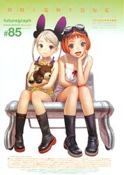  2girls alvis_hamilton bare_shoulders blonde_hair blue_eyes blunt_bangs bob_cut boots dress goat goggles goggles_on_head grey_eyes hair_ornament hairband highres knee_boots last_exile lavie_head legs long_hair multiple_girls murata_range official_art open_mouth red_hair scan short_hair sitting skirt smile stuffed_animal stuffed_goat stuffed_toy tongue twintails white_dress yellow_skirt 