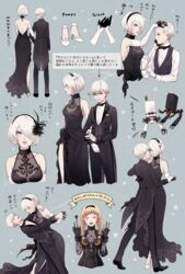  1boy 2b_(nier:automata) 9s_(nier:automata) black_dress black_hairband blue_eyes commentary_request couple dancing dress female formal gloves hairband highres mole mole_under_mouth multiple_views nier:automata nier_(series) operator_6o pod_(nier:automata) robot short_hair simple_background smile straight suit translation_request white_hair 