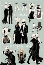  1boy 2b_(nier:automata) 9s_(nier:automata) black_blindfold black_dress black_hairband blindfold breasts commentary_request couple covered_eyes dancing dress enraku_(kemulily) female formal hairband highres medium_breasts mole mole_under_mouth nier:automata nier_(series) operator_6o pod_(nier:automata) robot short_hair smile straight suit white_hair 