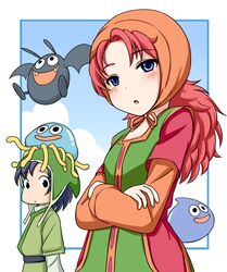  commentary_request curly_hair dracky dragon_quest dragon_quest_vii female hero_(dq7) hood kamekichi_(kamekiti) long_hair maribel_(dq7) red_hair slime_(dragon_quest) 