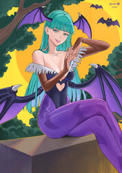  absurdres afureru_colors animal_print bat_print black_leotard breasts cleavage female green_eyes green_hair head_wings highres leotard morrigan_aensland pantyhose print_pantyhose purple_pantyhose solo strapless strapless_leotard vampire_(game) wings 