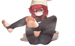  beanie black_shorts blue_archive blue_eyes blush braid breasts closed_mouth dokomon feet female foot_focus foreshortening full_body hair_between_eyes halo hat highres long_hair maki_(blue_archive) maki_(camp)_(blue_archive) no_shoes official_alternate_costume presenting_foot red_hair red_halo shorts simple_background small_breasts soles solo stirrup_legwear toeless_legwear toes twin_braids white_background white_hat 