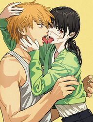  1boy black_hair black_pants brown_eyes chainsaw_man chainsaw_man&#039;s_handjob_scene denji_(chainsaw_man) female french_kiss green_shirt hand_on_another&#039;s_head highres kissing orange_hair pants ponytail ringed_eyes scar shiren_(ourboy83) shirt tank_top teeth tongue tongue_out upper_teeth_only yoru_(chainsaw_man) 