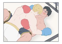  2boys ao_isami ass bara between_legs black_hair blonde_hair blush boxing_gloves couple facial_hair feet_out_of_frame haruri_fbje highres lewis_smith lying male_focus multiple_boys official_alternate_costume on_back on_stomach shorts sideburns_stubble stubble sweatdrop thick_eyebrows toned toned_male topless_male wrestling_outfit wrestling_ring yaoi yuuki_bakuhatsu_bang_bravern 