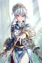  alain_(unicorn_overlord) arm_shield armor armored_dress blue_dress blue_hair blush braid braided_bun breastplate buckler clasp commentary_request crown dress earrings eyelashes female gauntlets hair_between_eyes hair_bun hairband happy highres jewelry light_blue_hair long_hair looking_at_viewer marriage_proposal mintes pov pov_hands red_eyes ring shield smile solo_focus thighs tree unicorn_overlord virginia_(unicorn_overlord) warrior 