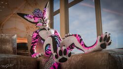  16:9 3d_(artwork) anthro blender_(artwork) blender_cycles claws digital_media_(artwork) feathers feet foot_focus fur hi_res looking_at_viewer male mammal mrgaleo pawpads paws pink_body pink_fur rexouium smile solo tail toe_claws toes white_body widescreen 