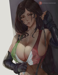  araneesama arm_up artist_name bare_shoulders black_gloves breasts brown_eyes brown_hair cleavage clothes_pull crop_top dangle_earrings earrings female final_fantasy final_fantasy_vii fingerless_gloves gloves highres huge_breasts italian_flag_bikini italian_senate_porn_livestream_(meme) jewelry long_hair looking_to_the_side meme paid_reward_available patreon_logo patreon_username shirt_pull solo suspenders tank_top tifa_lockhart web_address white_background 