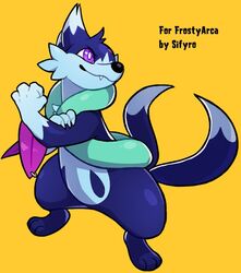  2_tails ambiguous_gender anthro better_version_at_source blitzdrachin blue_body blue_fur claws conditional_dnp fangs flexing floatzel fur generation_4_pokemon irreplaceable_bvas mammal multi_tail multicolored_body multicolored_fur mustelid nintendo paws pokemon pokemon_(species) purple_eyes simple_background solo standing tail teeth tortuga_(sentinelblue) two_tone_body two_tone_fur yellow_background 