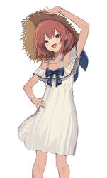  absurdres anchor_symbol brown_eyes brown_hair collarbone dress feet_out_of_frame female hair_between_eyes hat highres ikazuchi_(kancolle) kantai_collection oerba_yun_fang open_mouth oweee short_hair simple_background skin_fang smile solo sun_hat white_background white_dress 