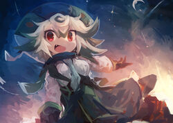  absurdres breasts female gloves green_hair green_hat hair_between_eyes hat highres kaamin_(mariarose753) long_sleeves made_in_abyss multicolored_hair oerba_yun_fang open_mouth prushka red_eyes revision short_hair skirt solo sparkle two-tone_hair white_hair 