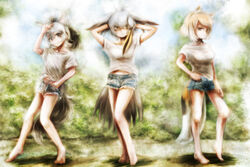  3girls aardwolf_(kemono_friends) animal_ears arm_at_side arm_up arms_behind_head arms_up bare_arms bare_legs barefoot bird_tail black_hair blonde_hair casual closed_mouth commentary contemporary cutoffs day denim denim_shorts dirty dirty_feet extra_ears fox_ears fox_tail green_eyes grey_eyes grey_hair hair_between_eyes half-closed_eyes hand_in_pocket hand_on_own_hip high_ponytail kemono_friends light_brown_hair long_hair looking_at_viewer midriff_peek multicolored_hair multiple_girls outdoors photoshop_(medium) pocket ponytail pose shirt shoebill_(kemono_friends) short_hair short_shorts short_sleeves shorts sidelocks smile stealstitaniums stomach tail tibetan_fox_(kemono_friends) two-tone_hair white_hair white_shirt 