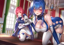  2girls all_fours azur_lane bare_shoulders blue_eyes blush breasts brick_(atelier_brick) cape cleavage cleavage_cutout clothing_cutout commentary_request desk dress gloves hanging_breasts indoors large_breasts long_hair looking_at_viewer multiple_girls on_desk one_eye_closed open_mouth pen pink_eyes princeton_(azur_lane) purple_eyes red_eyes short_dress smile st._louis_(azur_lane) thighhighs thighs tight_clothes tight_dress zettai_ryouiki 