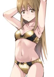  akemiho_tabi_nikki armpits arms_up bow bow_bra bow_panties bra breasts brown_eyes brown_hair cowboy_shot female gendai_ninjakko_zukan gold_bra gold_panties highres kouno_hikaru long_hair looking_at_viewer navel panties satin satin_bra satin_panties small_breasts solo takeguro_rara underwear underwear_only white_background 