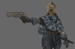  2020 ambiguous_gender anthro belt clothed clothing fingerless_gloves fully_clothed gloves grey_background gun handwear holding_gun holding_object holding_ranged_weapon holding_weapon hyena mammal pav ranged_weapon simple_background solo standing weapon 