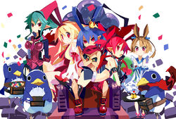  1boy 4girls absurdres ahoge barbara_(disgaea) blonde_hair blue_hair boots choker demon_girl demon_tail demon_wings disgaea disgaea_d2 earrings etna_(disgaea) flat_chest flonne flonne_(fallen_angel) food green_eyes hat highres horns jewelry laharl long_hair makai_senki_disgaea medium_hair miyakawa106 multiple_girls pointy_ears prinny pudding red_eyes red_hair short_shorts shorts sicily_(disgaea) sidelocks skull_earrings slit_pupils smile tail thigh_boots thighhighs twintails wings 