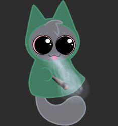  :3 big_eyes cloak clothing domestic_cat drugs felid feline felis gooblie_2 green_cloak green_clothing grey_background grey_body hi_res isaac_(gooblie_ii) male mammal marijuana pink_sclera silly simple_background smile smoke solo tail tongue tongue_out toony young young_male 