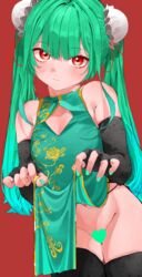  absurdres alternate_costume bare_shoulders black_gloves black_thighhighs bun_cover censored china_dress chinese_clothes cleavage_cutout clothes_lift clothing_cutout commentary double_bun dress dress_lift elbow_gloves female fingerless_gloves gloves green_dress green_hair green_nails hair_bun heart heart_censor highres hololive lifting_own_clothes long_hair looking_at_viewer nail_polish navel no_panties red_background red_eyes simple_background solo tarutaru_(ryousuke) thighhighs twintails uruha_rushia virtual_youtuber 