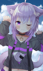  ;) absurdres ahoge animal_ear_fluff animal_ears arm_up black_choker black_hoodie blue_sky blush breasts cat_ears cat_girl cat_tail choker closed_mouth cloud cloudy_sky collarbone commentary_request crop_top day drawstring eureka_814 female hair_between_eyes hand_up highres hololive hood hood_down hoodie long_sleeves md5_mismatch midriff navel nekomata_okayu nekomata_okayu_(1st_costume) one_eye_closed outdoors purple_eyes purple_hair sky sleeves_past_wrists small_breasts smile solo tail tail_raised upper_body virtual_youtuber 