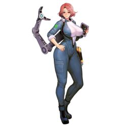  bodysuit boots breasts collar female fortune_(last_origin) full_body game_cg hand_on_own_hip harness highres impossible_clothes impossible_shirt large_breasts last_origin looking_at_viewer mechanical_arms official_art parted_bangs pink_eyes pink_hair shirt short_hair sima_(startwitch) single_mechanical_arm sleeves_rolled_up smile solo sweatdrop tablet_pc tachi-e third-party_source transparent_background wide_hips 