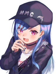  anatom_orange bad_id bad_pixiv_id baseball_cap black_choker black_hat black_jacket blue_eyes blue_nails choker collarbone dolphin_hat_ornament female hat hat_ornament hood hoodie jacket long_hair looking_at_viewer nail_polish nijisanji nishizono_chigusa nishizono_chigusa_(2nd_costume) oerba_yun_fang one_eye_closed open_mouth purple_eyes skin_fang smile solo upper_body virtual_youtuber white_background white_hoodie 