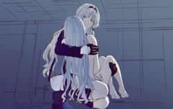  2girls ak-12_(girls&#039;_frontline) an-94_(girls&#039;_frontline) aqua_eyes asawa_(dm_owr) barefoot black_gloves boots carrying chromatic_aberration closed_mouth clothed_female_nude_female commentary_request completely_nude from_behind from_below from_side girls&#039;_frontline gloves grey_hair hairband half_gloves highres indoors jacket knee_boots long_hair looking_at_another multiple_girls nude on_one_knee platinum_blonde_hair princess_carry shorts squatting thighs very_long_hair white_shorts yuri 