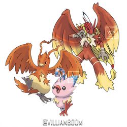  1:1 2019 ambiguous_gender anthro avian bandai_namco beak bird birdramon biyomon blaziken claws combusken crossover digimon digimon_(species) evolution evolutionary_family feathers feral fusion garudamon generation_3_pokemon group hair hi_res nintendo orange_body orange_eyes orange_feathers pink_body pink_feathers pokemon pokemon_(species) ring ring_on_leg simple_background teeth torchic trio villiamboom1 wings yellow_body yellow_feathers 