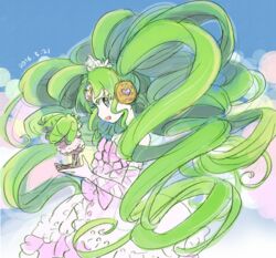  blue_eyes bow commentary dated detached_sleeves dress falulu falulu_(awakened) female forehead_jewel gem green_hair headphones long_hair mokeo open_mouth pink_dress pretty_series pripara sidelocks simple_background solo tiara twintails 