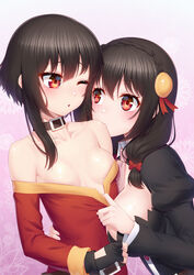  2girls ;o anarchojs arm_around_waist arm_between_breasts bare_shoulders between_breasts biting_shoulder black_choker black_dress black_gloves blush braid breasts brown_hair chinese_commentary choker cleavage_cutout clothes_pull clothing_cutout collarbone commentary dress dress_pull eye_contact facing_viewer fingerless_gloves from_side gloves hair_between_eyes hand_up highres kono_subarashii_sekai_ni_bakuen_wo! kono_subarashii_sekai_ni_shukufuku_wo! large_breasts long_hair long_sleeves looking_at_another medium_breasts megumin multiple_girls no_bra off-shoulder_dress off_shoulder one_eye_closed orange_eyes pulling_another&#039;s_clothes red_dress red_eyes short_hair_with_long_locks skindentation small_breasts staring undressing undressing_another upper_body yunyun_(konosuba) yuri 