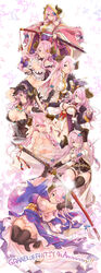  absurdres anniversary bare_shoulders black_gloves black_thighhighs blue_eyes breasts bug butterfly cleavage commentary_request copyright_name draph female fingerless_gloves gloves granblue_fantasy hair_ornament hair_over_one_eye highres holding holding_sword holding_weapon hood horns japanese_clothes katana large_breasts long_hair long_sleeves narmaya_(granblue_fantasy) narmaya_(the_black_butterfly)_(granblue_fantasy) narmaya_(valentine)_(granblue_fantasy) narmaya_(visions_of_butterflies)_(granblue_fantasy) official_alternate_costume open_mouth photoshop_(medium) pink_hair pointy_ears sarashi sleeveless smile solo sword thighhighs thomasz weapon white_gloves wide_sleeves 