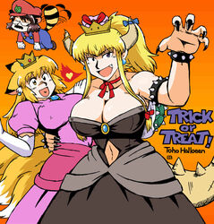  1990s_(style) 3girls :d afterimage animal_ear_fluff animal_ears arm_around_waist armlet azuki_osamitsu bare_shoulders black_dress black_nails blonde_hair blue_gemstone blue_overalls blush bow bowsette bowsette_(cosplay) bracelet breasts breath_weapon breathing_fire brooch brown_eyes brown_footwear brown_hair choker claw_pose cleavage closed_eyes clothing_cutout collarbone commentary_request cosplay covered_mouth crossover crown dress earrings ears_down elbow_gloves english_text engrish_text fake_facial_hair fake_mustache fingernails fire floating fox_ears fox_girl fox_tail futatsuiwa_mamizou gem glasses gloves hand_up hat heart heart_in_mouth heterochromia high_ponytail horn_bow horn_ornament horns ibuki_suika ibuki_suika_(cosplay) jewelry jpeg_artifacts large_breasts long_fingernails long_hair long_sleeves looking_at_another looking_at_viewer mario mario_(cosplay) mario_(series) multiple_girls multiple_tails nail_polish navel navel_cutout new_super_mario_bros._u_deluxe nose oerba_yun_fang open_mouth orange_background overalls overskirt palms pink_dress princess princess_peach princess_peach_(cosplay) puffy_short_sleeves puffy_sleeves purple_eyes raccoon_ears raccoon_girl raccoon_tail ranguage red_hat retro_artstyle ribbon ribbon_choker round_eyewear sharp_fingernails short_hair short_sleeves sidelocks simple_background smile spiked_armlet spiked_bracelet spiked_shell spiked_tail spikes standing strapless strapless_dress super_crown super_leaf_(transformation) sweater tail touhou trick_or_treat turtle_shell v-shaped_eyebrows white_gloves yakumo_ran yakumo_yukari 