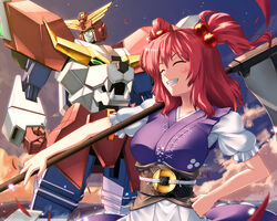  blush closed_eyes cloud coin commentary_request crossover dress exkaiser female fumizuki_homura glowing hair_bobbles hair_ornament hand_on_own_hip mecha obi onozuka_komachi photoshop_(medium) red_hair robot sash scythe short_hair smile solo sunset touhou two_side_up yuusha_exkaiser yuusha_series 