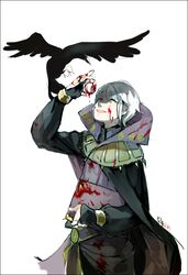  1boy :d ^_^ animal bird blood blood_on_clothes blood_on_face blood_on_hands book border bridal_gauntlets cape closed_eyes crow eyeball eyes_of_grima fire_emblem fire_emblem_awakening flying gloves happy henry_(fire_emblem) holding long_sleeves looking_up male_focus mystical_high_collar open_mouth puffy_sleeves red_eyes reka shaded_face shadow signature simple_background smile solo striped swept_bangs teeth white_background white_hair wizard 